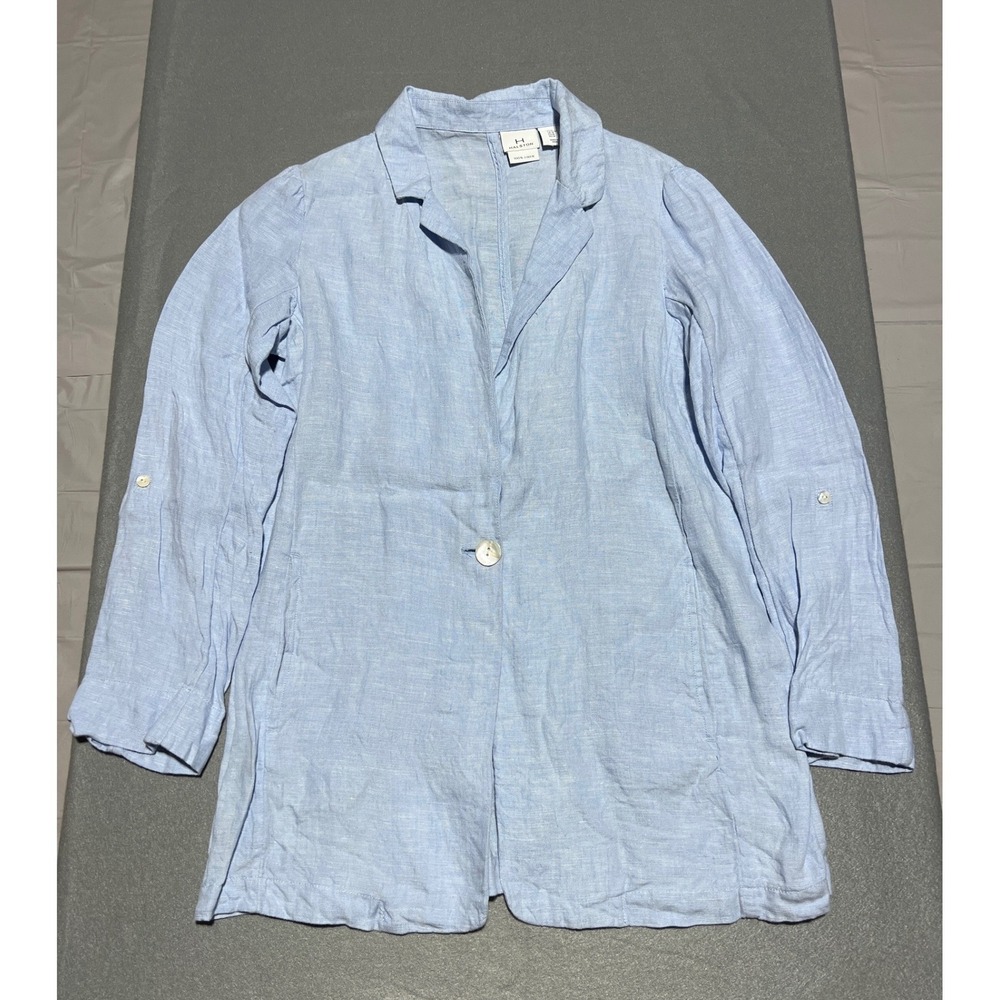 Halston Womens Medium Light Blue 100% Linen Roll Tab Single Button Blazer Jacket